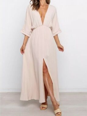Girl and The Sun Deep V-Neck Maxi Dress in Light Beige